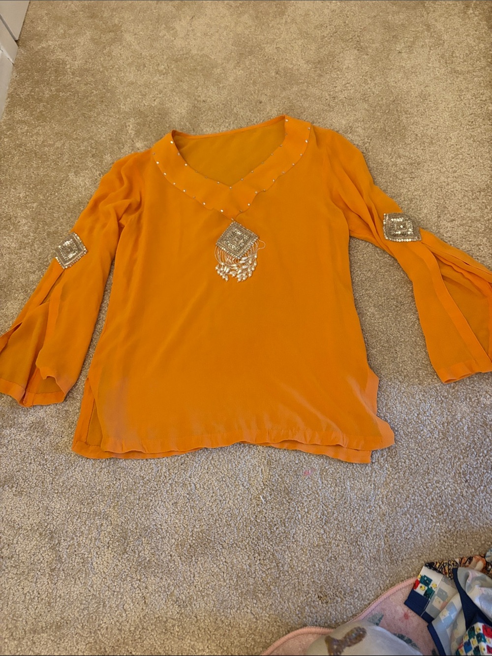 Orange Embellished Women's Blouse - Elegant V-Neck Top